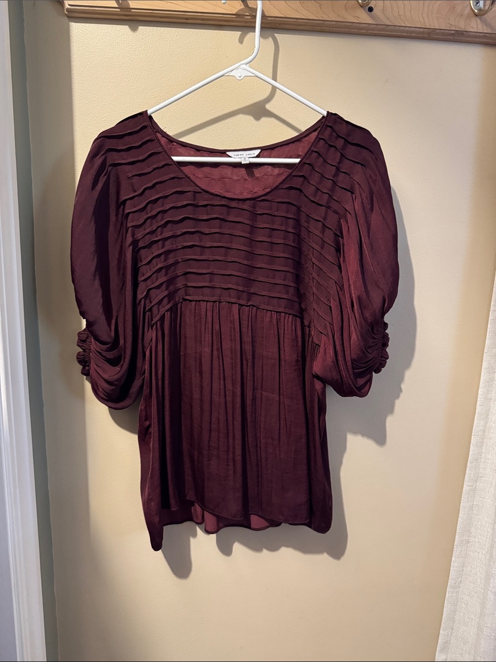 Naked Zebra Wine Pleated Scoop Neck Blouse